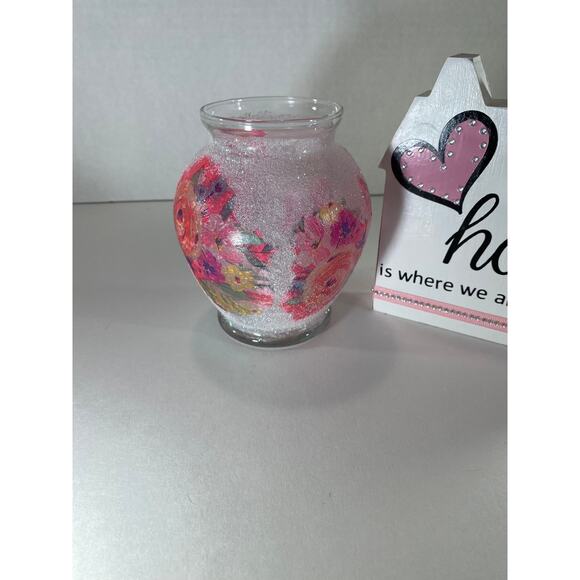 Handmade Frosted Sparkle Pink Rose Decor, Shelf Sitter Vase, Candle Holder - Picture 7 of 9